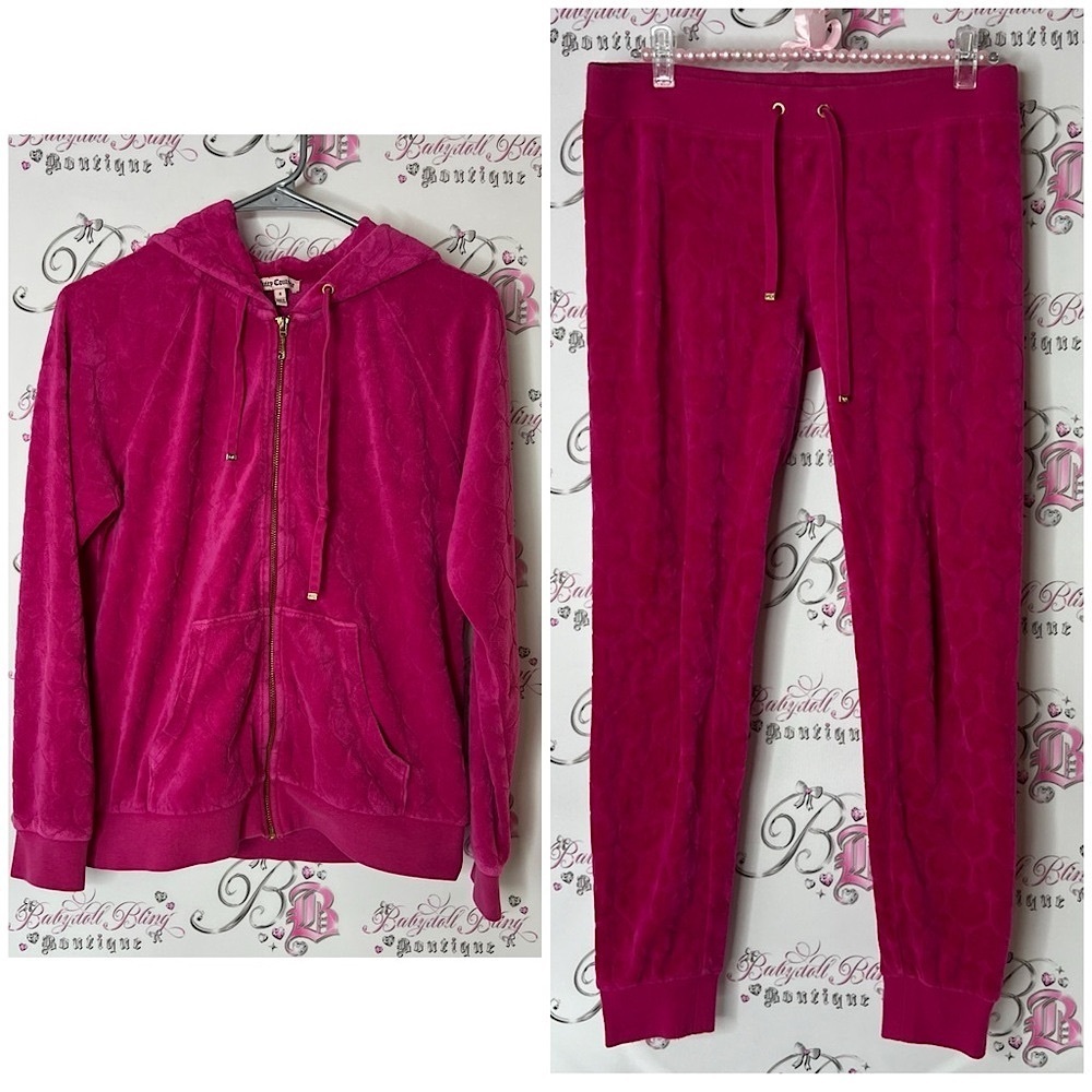 Juicy Couture set heart print hearts Fuchsia Velour Hoodie Set Pockets on back